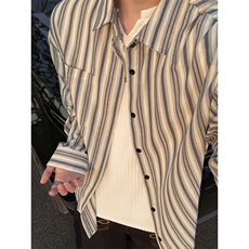 日系复古条纹衬衫男长袖宽松翻领少年感衬衣男女C2276-特价P40，男装衬衫，电商A007
