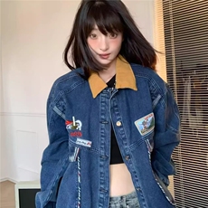 新款美式复古牛仔外套女机车潮牌翻领夹克宽松百搭上衣JK4012，男装工装外套，星座516A