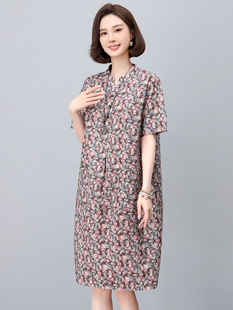 纯棉碎花连衣裙女夏2025新款中年妈妈宽松大码遮肚子显瘦减龄裙子,女装连衣裙,依恋蒂丝