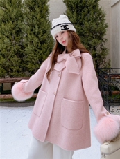 配真狐狸袖毛羊毛大衣-2B72-8638-P310-K398，女装双面呢大衣，乐吉娜