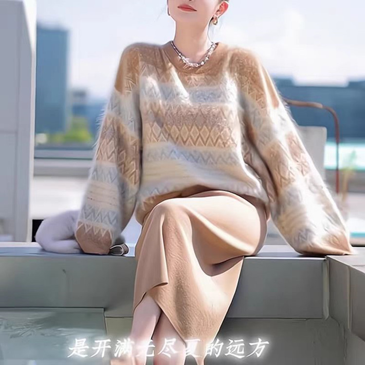 2025年秋季新款拉毛重工费尔岛提花针织女士圆领上衣时尚休闲通勤,针织衫/毛衣,美轩羊绒