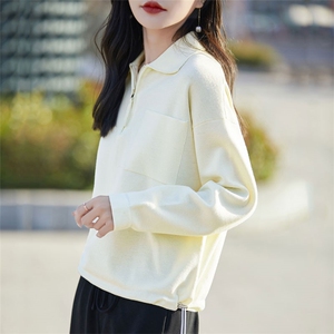 POLO领精纺羊毛长袖针织衫毛衣女春秋半开拉链抽绳卫衣宽松打底衫图片