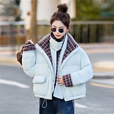 新款挂脖围巾加厚格纹拼接羽绒服2025年冬季时尚潮流，女装羽绒服，鑫鑫美