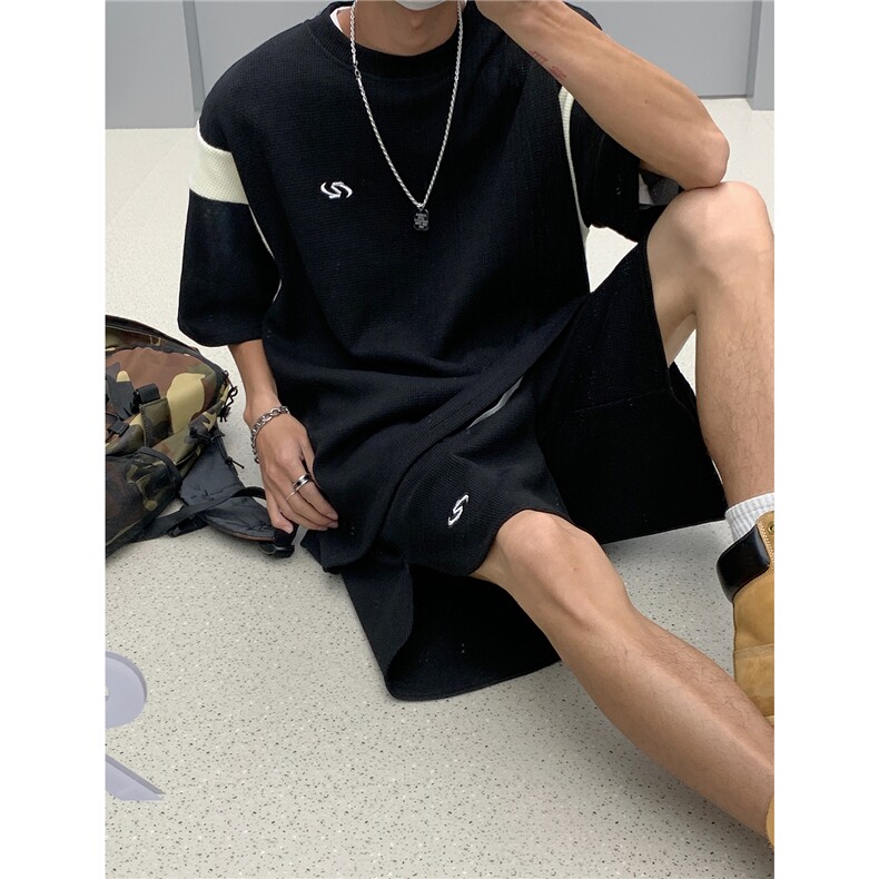 情侣装夏装新款华夫格撞色拼接套装男女宽松半袖T恤潮D295P68,男装T恤,电商A335-1（原A458）