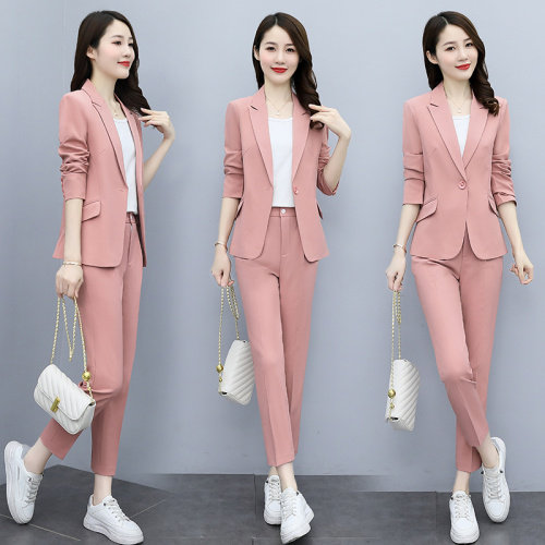 粉红色西服套装女秋季2024年新款时尚休闲高档西装外套气质两件套，女装套装/套裙，韩然一族