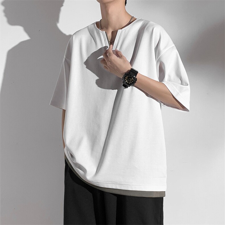 男士短袖港风白墙体恤夏季休闲百搭纯色V领T恤男上衣TC3134-P30,男装T恤,星座717