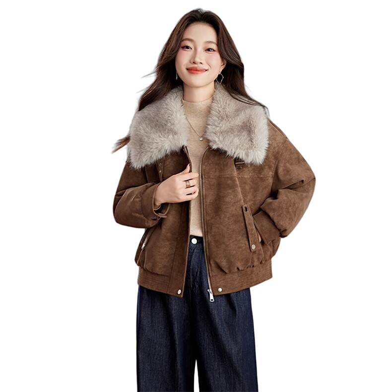 羊羔毛皮毛一体大翻领围脖夹克女冬新款小个子加棉短外套,女装棉衣/棉服,秀美人生