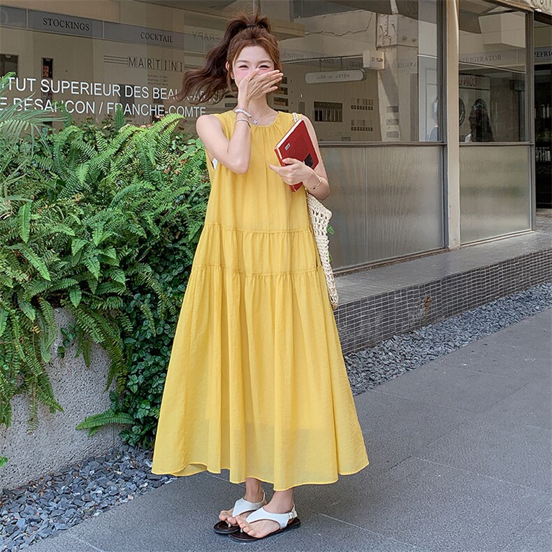黄色甜美宽松无袖连衣裙女2025夏季新款韩版宽松简约初恋背心长裙,女装连衣裙,浙宝305