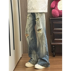 ！美式复古脏脏水洗破洞宽松牛仔裤，男装牛仔裤，星座617C