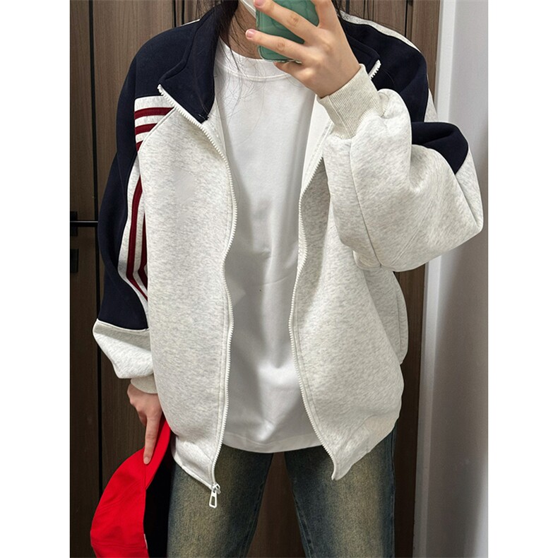 抖音得物高品质美式高街重磅结构织带拼接撞色立领卫衣外套CM41,女装短外套,电商A486-1