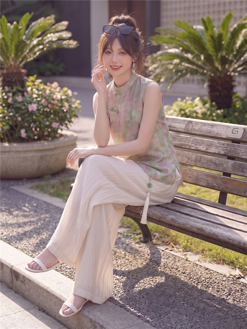 2026年夏季休闲风女优雅淑女通勤日常印花压皱新中式两件套,女装套装/套裙,曼琳思菲