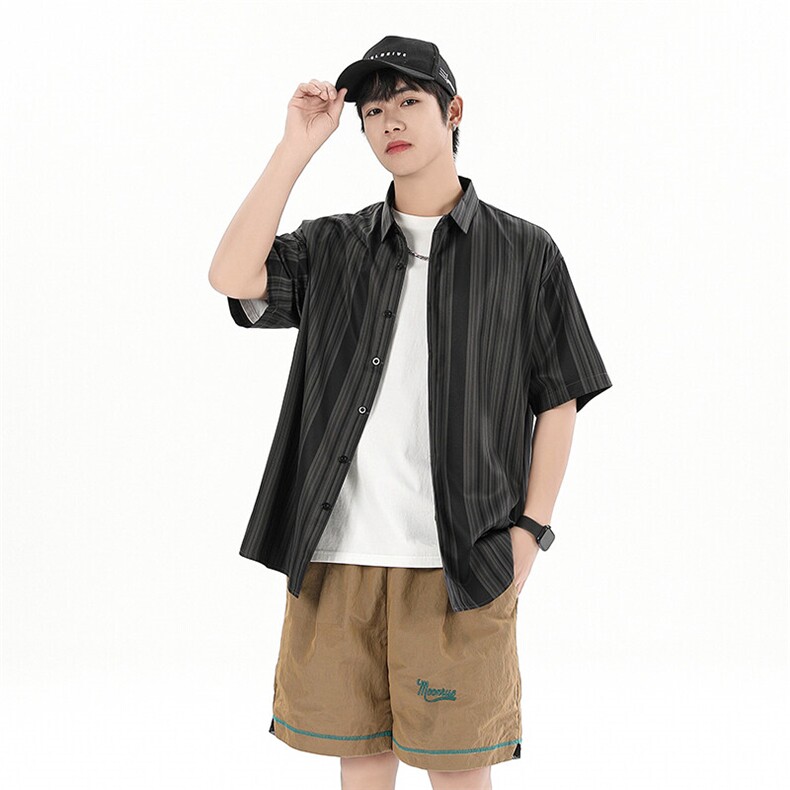 花衬衫男短袖夏季条纹休闲上衣服外套翻领大码衬衣A012/863P35,男装衬衫,电商A012