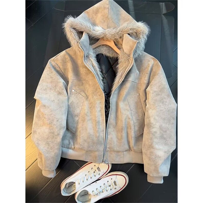 美式复古棕色皮衣外套男秋冬季潮牌高级感夹棉加厚麂皮绒夹克棉衣，男装夹克，星座506A