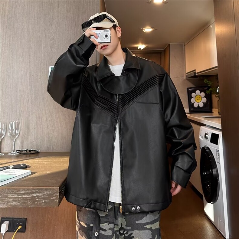 解构拼接飞行员夹克男春秋款潮牌翻领皮夹克外套机车服C436/P78图片