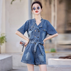 牛仔连体裤女2025夏新款小个子设计感时髦系带休闲宽松连体短裤，女装连体裤，慧尚依恋