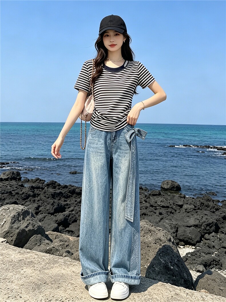 慵懒风时尚休闲套装女夏季新款圆领条纹短袖上衣烫钻牛仔裤两件套,女装套装/套裙,江南