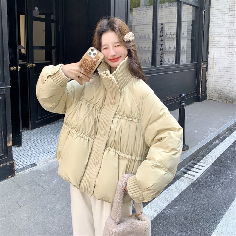 针织拼接杏色泡芙羽绒服女冬2025年超火好看高级小众短款加厚外套,女装羽绒服,2C093