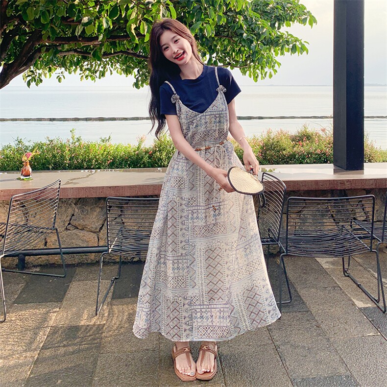 复古波西米亚慵懒风印花连衣裙套装女2025夏新款短袖吊带裙两件套,女装连衣裙,2C166