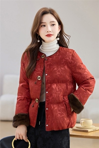现货2025年冬季新款中式白鸭绒羽绒服女复古风提花毛领袖外套上衣图片