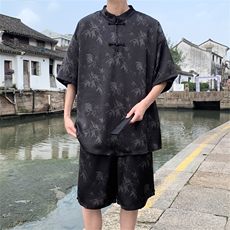 量大优供视频新风竹叶印花冰丝短袖短裤套装男TZ2404-特P50，男装休闲套装，电商A028