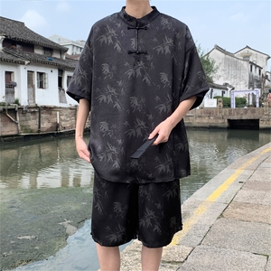 量大优供视频新风竹叶印花 冰丝短袖短裤套装男 TZ2404-特P50图片