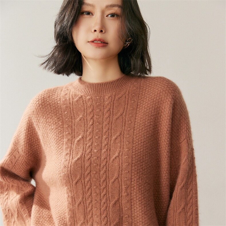 2025年秋季扭花圆领长袖针织衫套头上衣女,针织衫/毛衣,鸥蕊娅羊绒