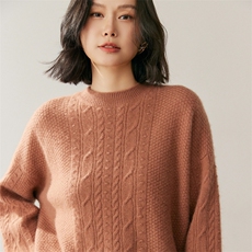 2025年秋季扭花圆领长袖针织衫套头上衣女，女装针织衫/毛衣，鸥蕊娅羊绒