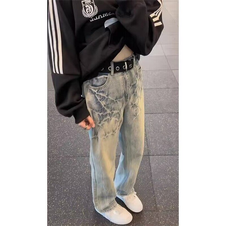 cleanfit闪电纹牛仔裤男款美式高级感痞帅裤子潮牌修身直筒微喇裤,男装牛仔裤,星座1001-1
