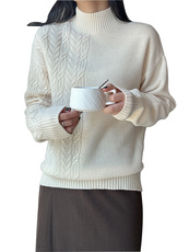 秋冬新款绞花毛衣女软糯宽松半高领加厚百搭羊毛针织打底衫，女装羊毛衫，臻纶羊绒