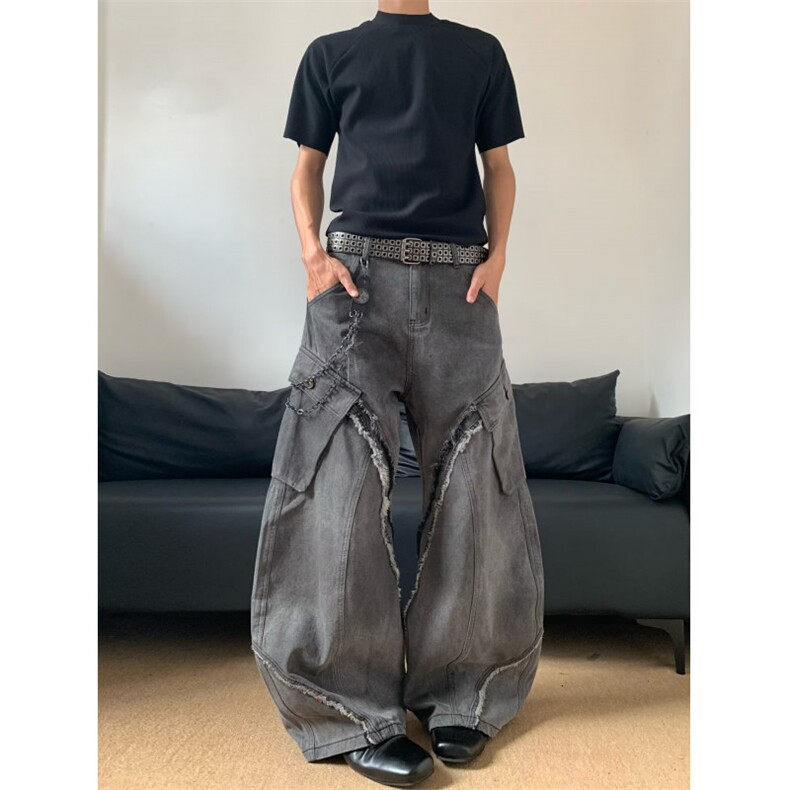 美式复古毛边破坏弯刀牛仔裤男女小众设计感宽松阔腿休闲裤,男装牛仔裤,四季星座505