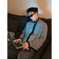 JY529-P58双拉链男长袖休闲宽松简约立领针织开衫情侣毛衣，男装针织衫/毛衣，星座1501-3