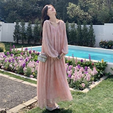 大码法式气质露背碎花雪纺连衣裙2025春季胖mm宽松收腰大摆长裙，女装连衣裙，浙宝220A