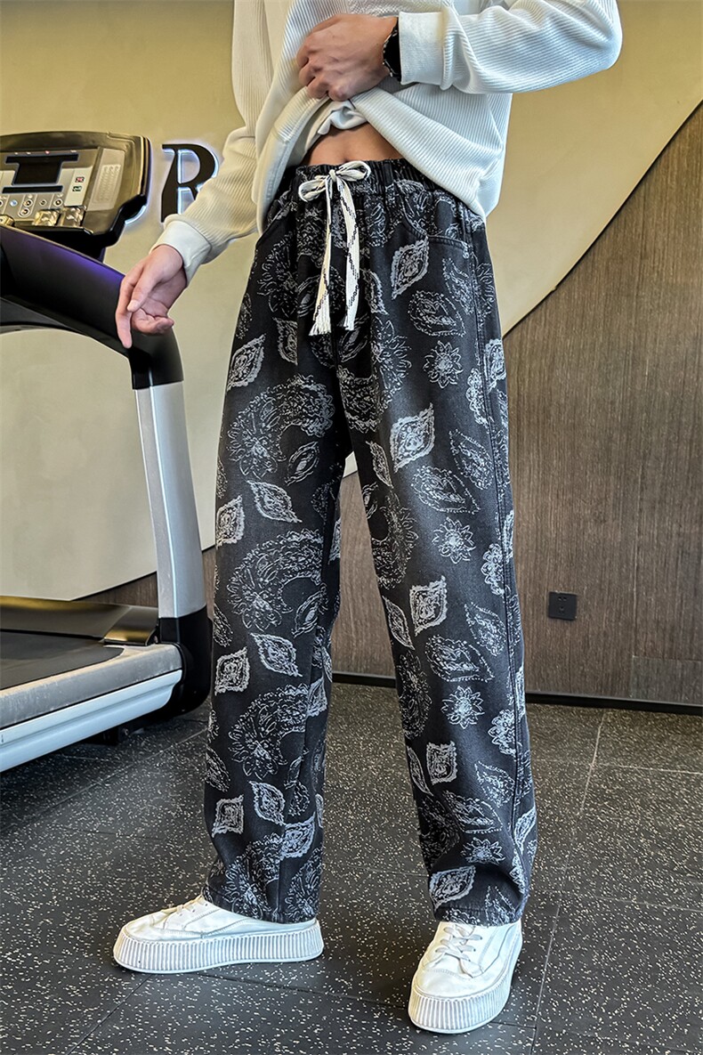 秋冬加绒牛仔裤男士个性树叶印花直筒牛仔弯刀裤潮901N50加绒P68,男装牛仔裤,星座901
