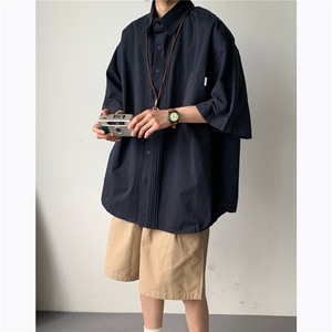 夏季日系复古短袖衬衫男生宽松百搭情侣休闲外穿半袖衬衣图片