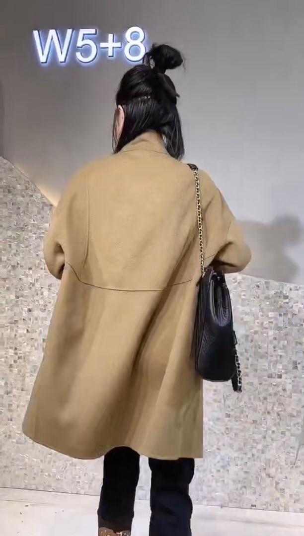 2021秋冬新款欧美风双口袋四粒扣长款螺纹针织袖时尚双面呢,女装其它,L·H·X