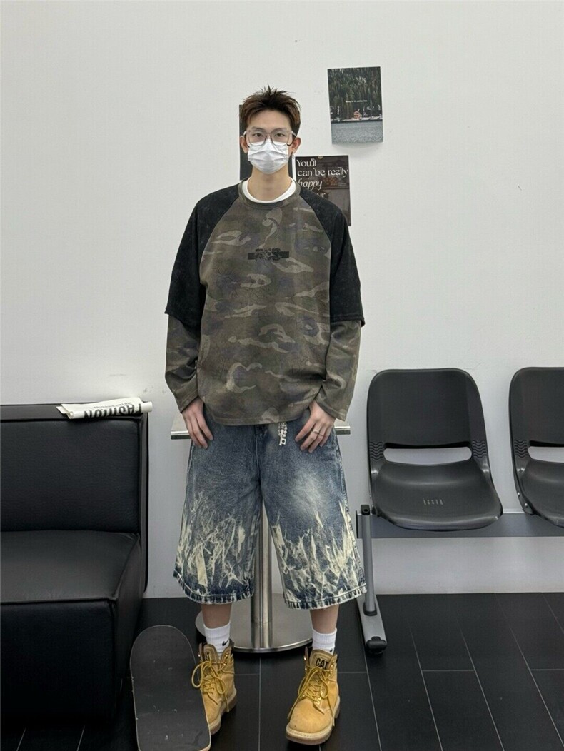 N151-P55美式高街闪电纹扎染牛仔七分短裤夏季休闲中裤阔腿短裤,男装牛仔裤,电商B327