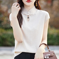 精纺羊毛针织短袖T恤女复古新中式立领针织上衣宽松半袖打底衫薄，女装背心吊带，暖烁特种纱工厂店