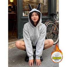 480G重磅加绒硬挺boxy男女美式高街卫衣铆钉杜宾犬耳朵开衫厚外套，女装短外套，电商A486-1