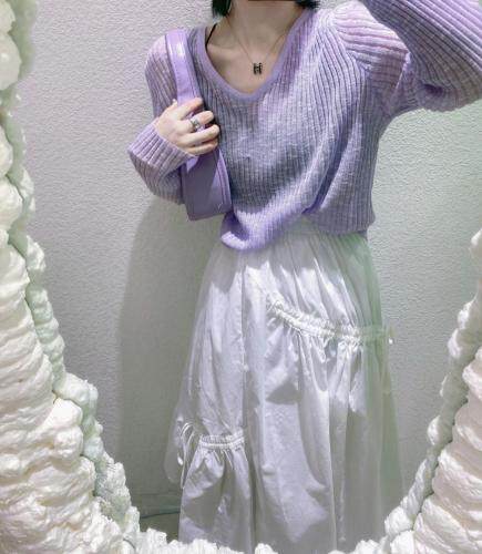 竹节麻V领针织小衫，女装，金翕服饰