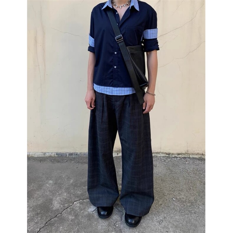 现货蓝色格子拼接翻领长袖上衣情侣款男女假两件衬衫CX03-TP45,男装衬衫,星座910A