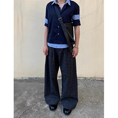 现货蓝色格子拼接翻领长袖上衣情侣款男女假两件衬衫CX03-TP45，男装衬衫，星座910A