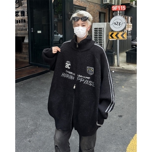 复古潮牌立领运动开衫毛衣男女美式宽松针织百搭外套潮图片