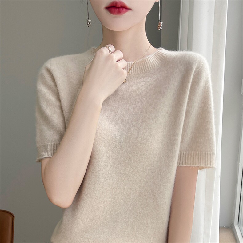 圆领短袖针织女纯色短袖简约百搭宽松套头上衣,针织衫/毛衣,戎洋