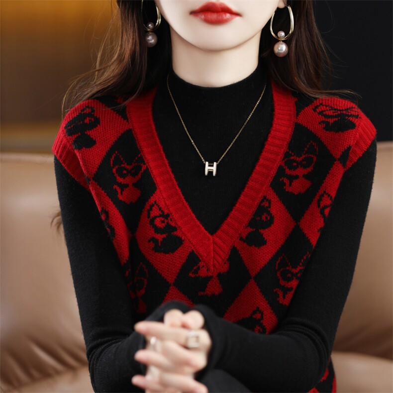 时尚气质V领无袖毛衣女针织背心韩版宽松显瘦百搭上衣,女装马甲,琳华羊绒