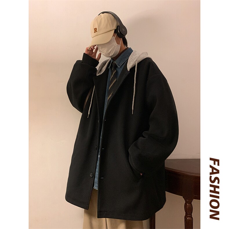 N6108/P95冬季港风连帽假两件中长款毛呢大衣男大码风衣呢料上衣,男装风衣,电商A141