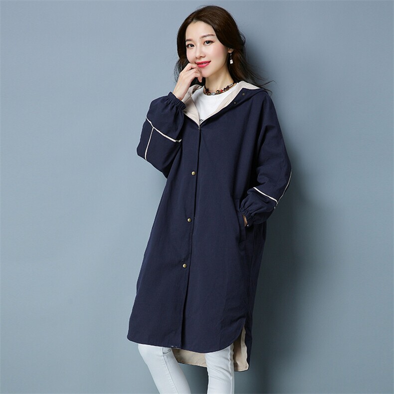 口袋纽扣涤纶蝙蝠型长款长袖2021年秋季连帽排扣棉纯色，女装大码女装，独衣靓