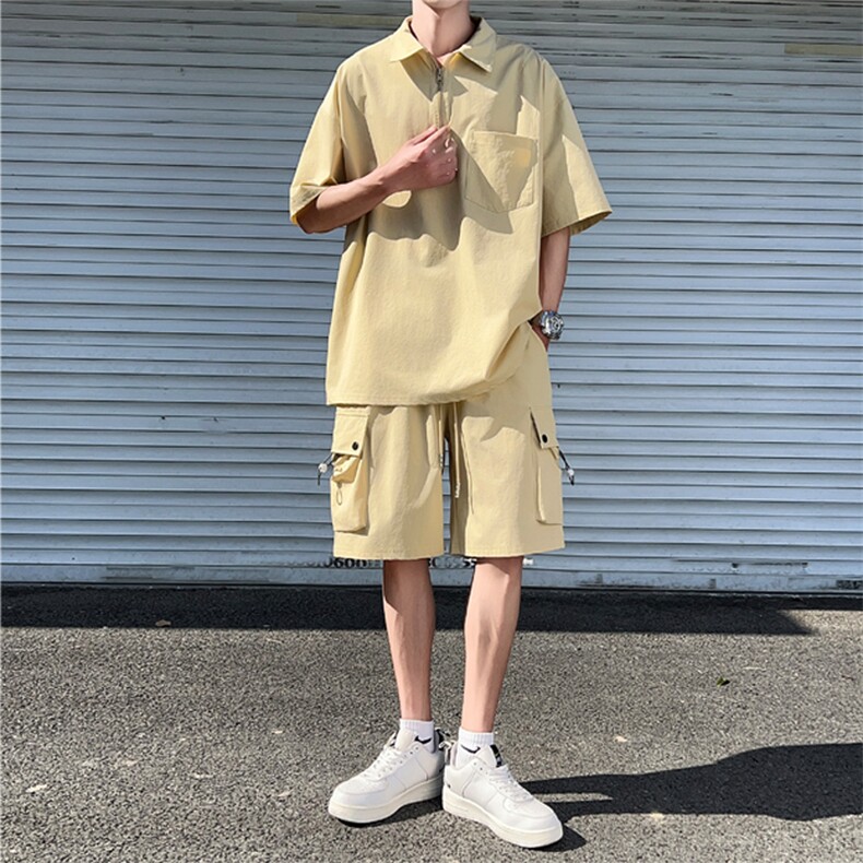 109-TZ012-特批65夏季新款翻领短袖T恤工装短裤休闲套装,男装休闲套装,星座109