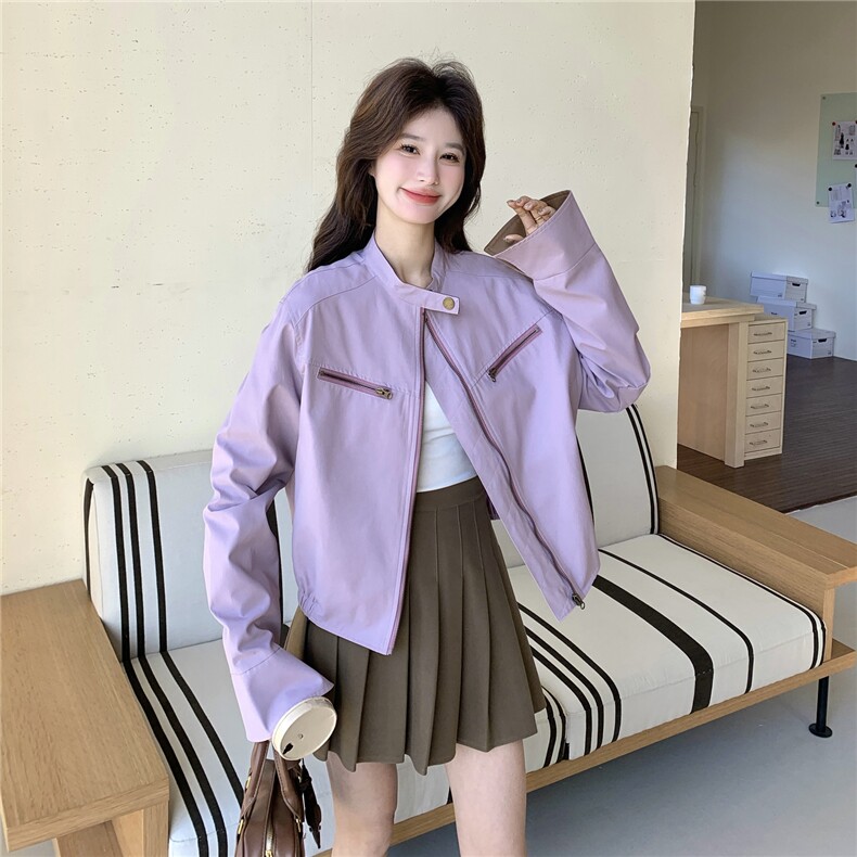 新款有货紫色拼皮夹克外套5508P145K218,女装短外套,2C176