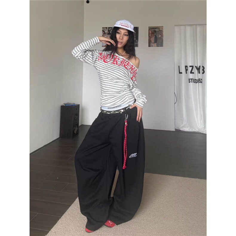 美式阔腿运动裤灰色卫裤新款宽松直筒休闲长裤配绑绳L90700-P50,男装休闲裤,星座1008
