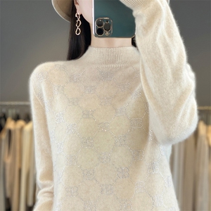 2025年秋季常规款通勤套头长袖单件精品钻打底衫时尚百搭，女装针织衫/毛衣，鲁菏羊绒